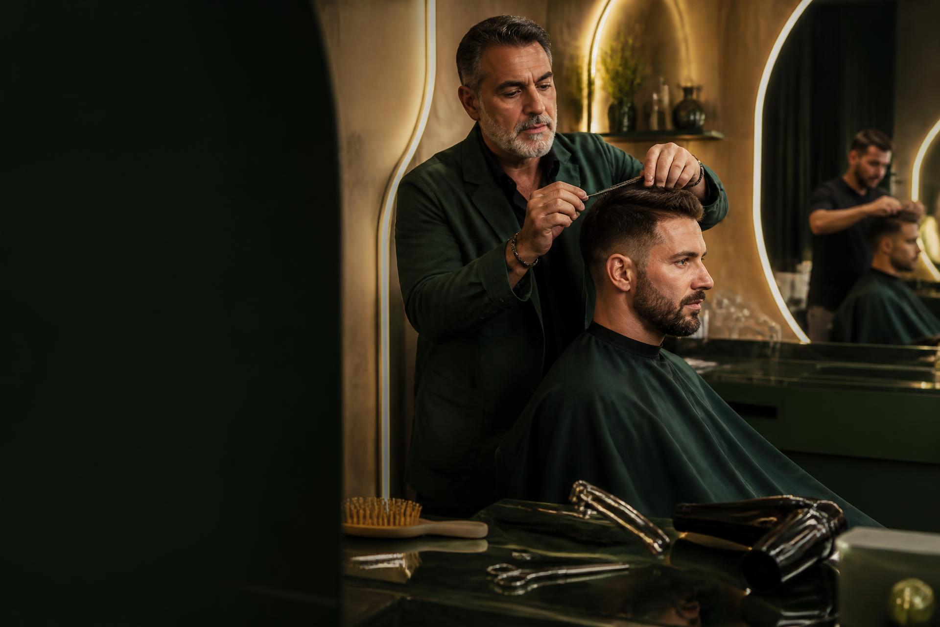 Cabeleireiro atendendo um cliente masculino em um salão contemporâneo
