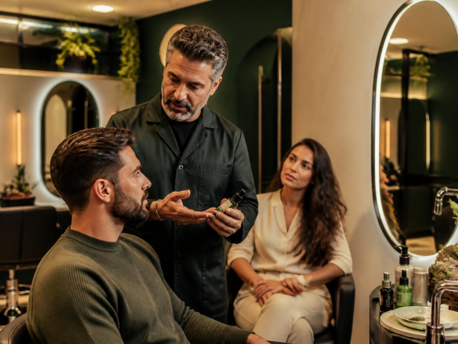 Cabeleireiro apresentando cuidados capilares para clientes masculino e feminino